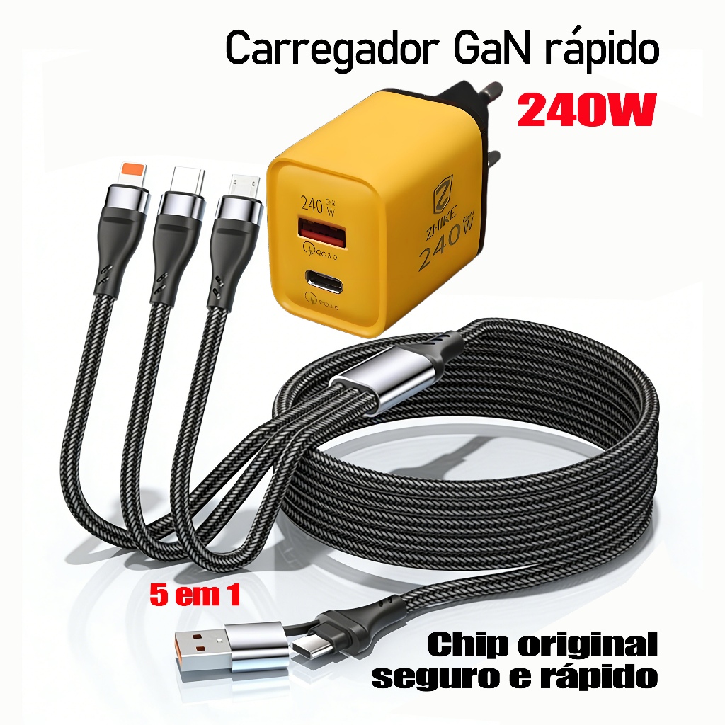 Cabo 5 em 1 Carregamento Rápido, 3 Opções: Apenas Cabo/Fonte/Combo | Para iPhone,Samsung,Xiaomi,Motorola