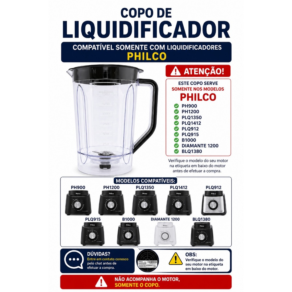 9064 Copo Compatível Liquidificador PHILCO PH900/PH1200/PLQ1350/PLQ1412/PLQ912/PLQ915/ B1000