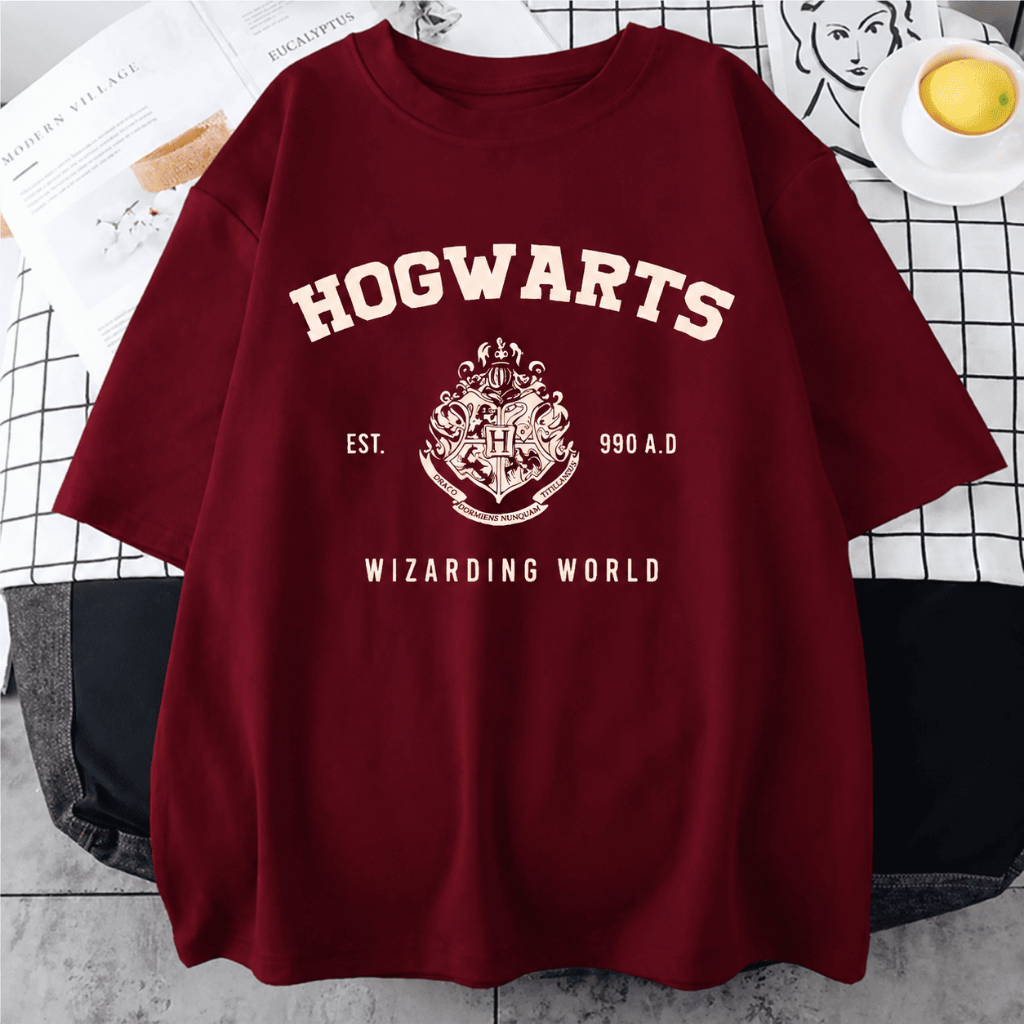 Blusa Básica Gola Redonda Hogwarts Harry Potter Camiseta 100% Algodão Feminina Masculino
