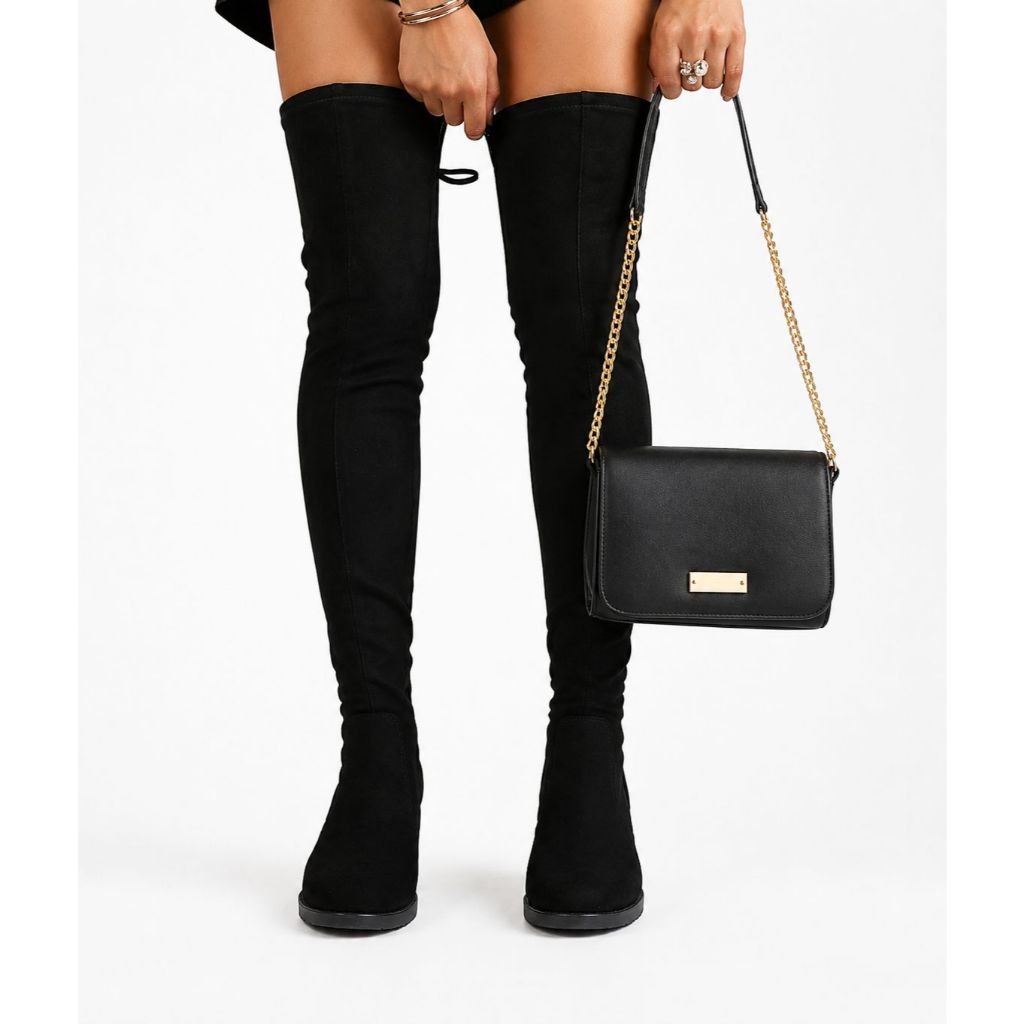 Bota Feminina Casual Moderna de Camurça Legitimo Cano Alto Over-The-Knee Paris Salto Bloco Médio Fashion + Bolsa