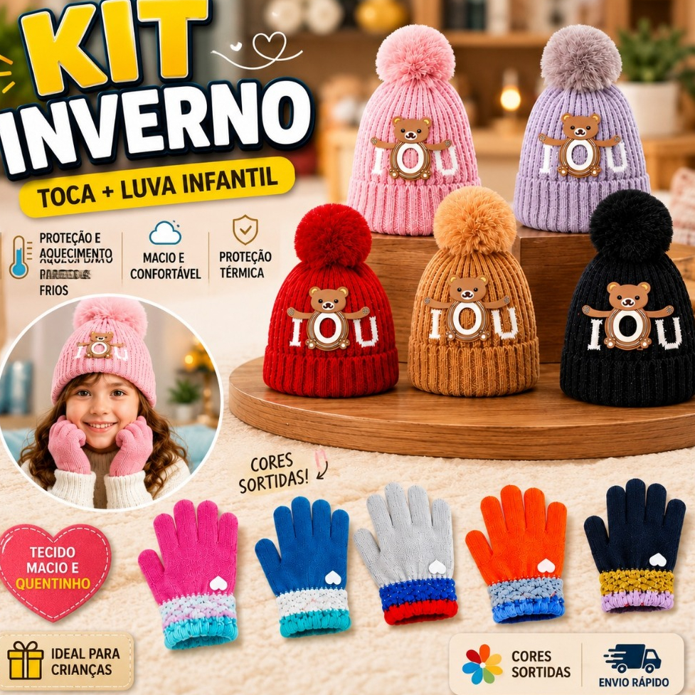Kit Touca Infantil + Luva De Lã Inverno Quentinho Confortável Macio Antifrio Premium