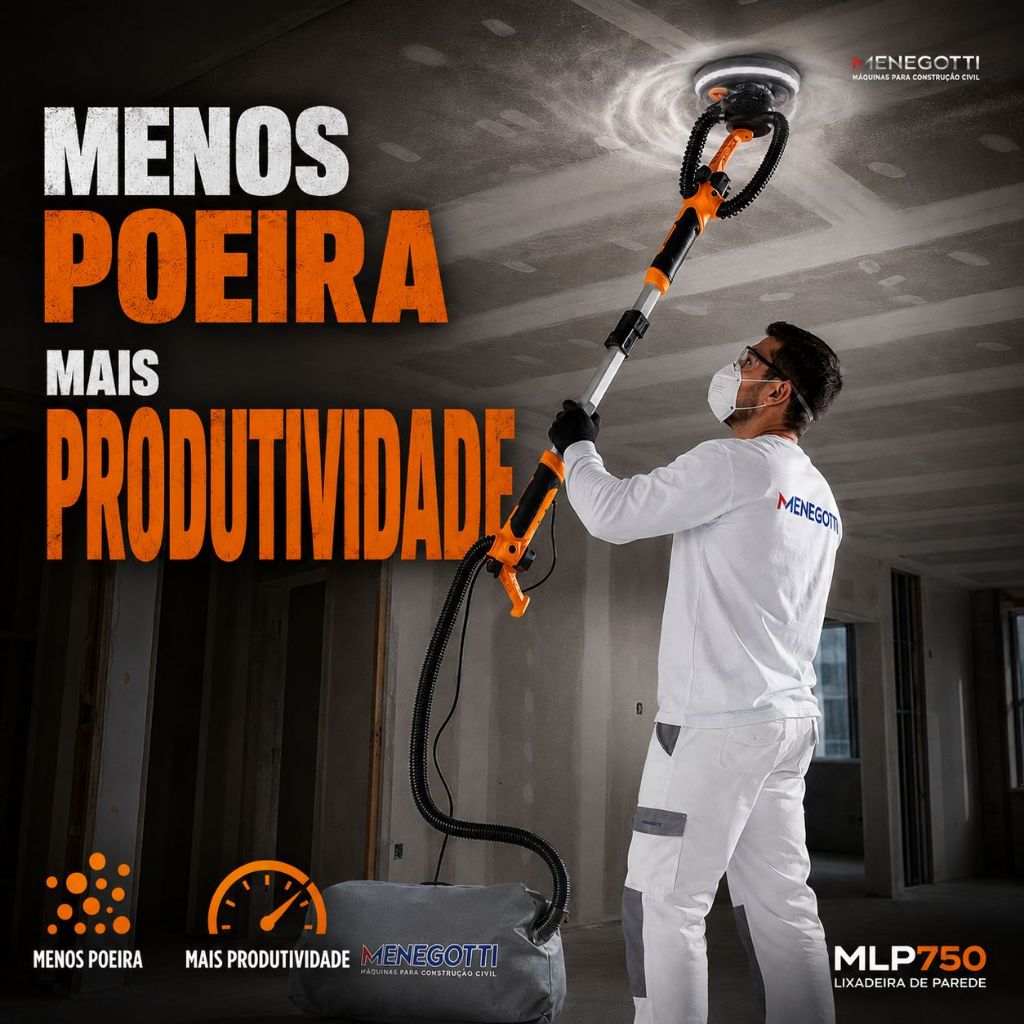 Lixadeira de Parede e Teto Menegotti MLP750 LED Extensível C/ Aspiração Bolsa e Coletor de Poeira