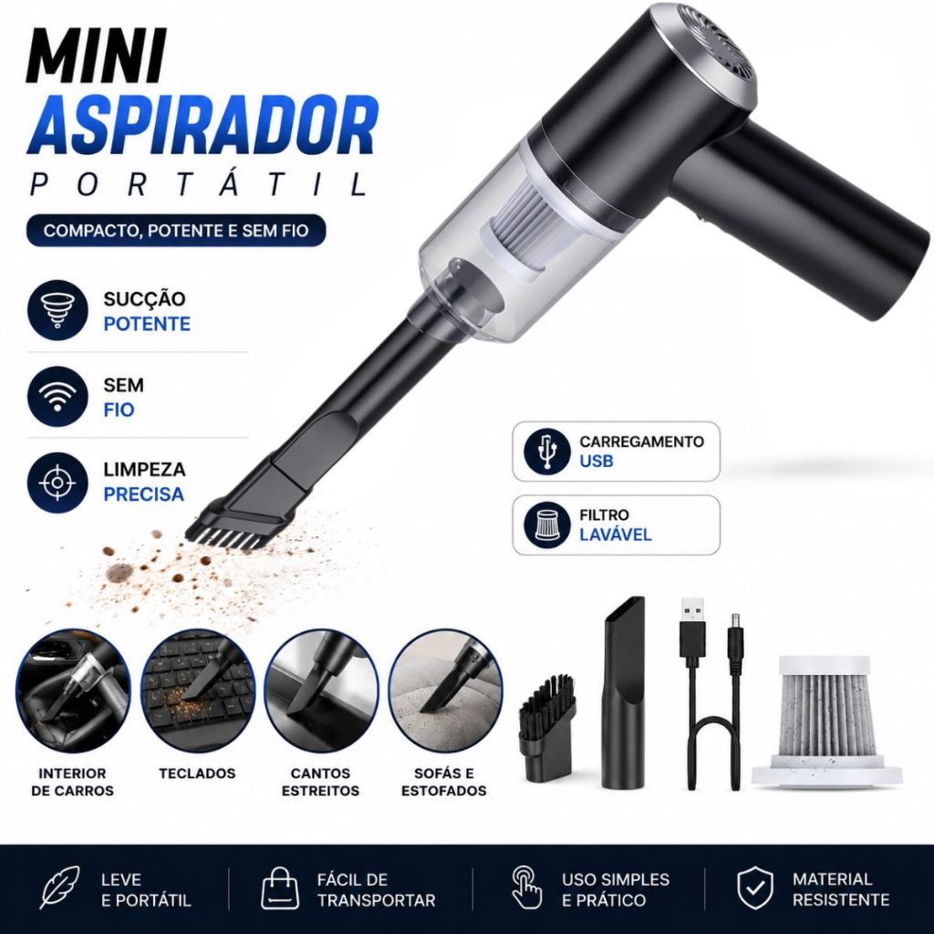 Mini Aspirador de Pó Portátil Automotivo Casa Sem Fio 3 em 1 Recarregável Potente 6000Pa