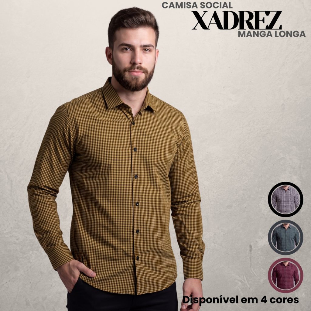 Camisa Xadrez Masculina Manga Longa Ideal Moda Country Festas Juninas Trabalho Dia a Dia Tecido Algodão