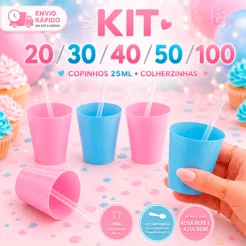 20 a 100 Copinho 25ml Acrílico AZUL CLARO e ROSA CLARO + Mini Colher Kit Completo para Doces Mousse