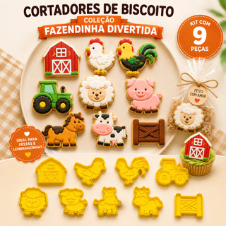 Kit 9 Cortador de Biscoito com Carimbo Fazendinha Divertida  Biscoito Pasta Americana Biscuit Fondant Molde Cortador