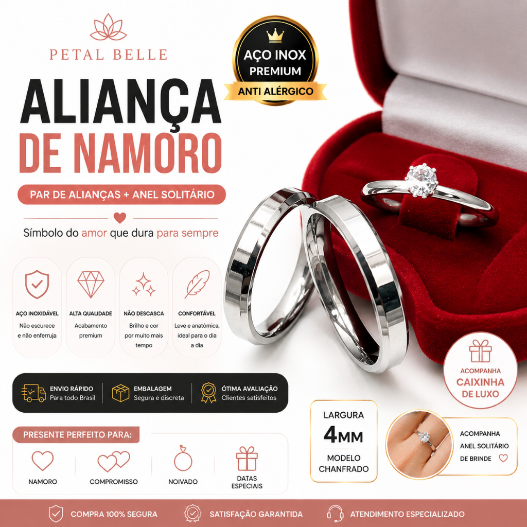 Aliança de Namoro Prata Par + Anel Solitário Com Caixinha Luxo Compromisso Casal Aço Inox 4mm Chanfrada