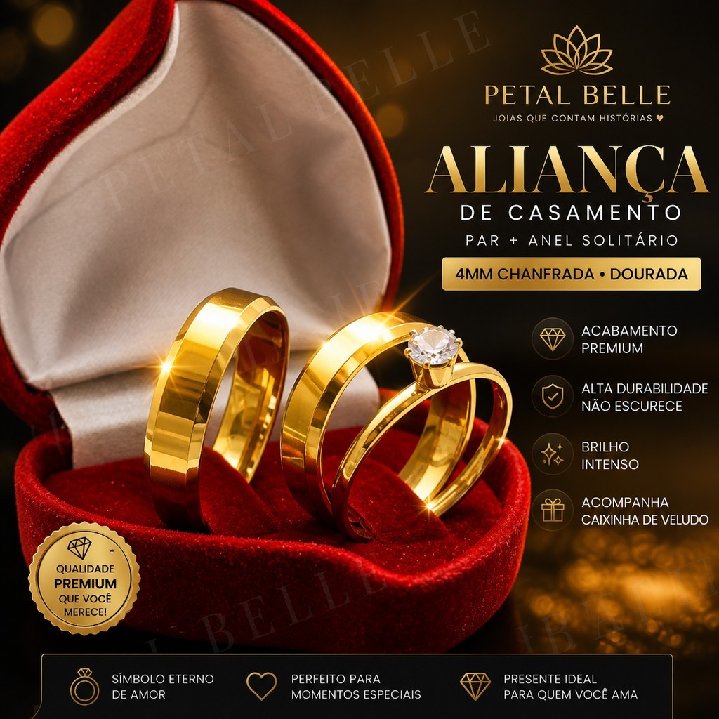Aliança de Casamento Par Dourada 4mm Chanfrada + Anel Solitário Caixa Veludo Premium