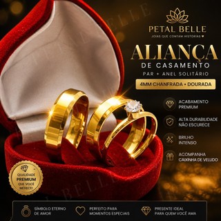 Aliança de Casamento Par Dourada 4mm Chanfrada + Anel Solitário Caixa Veludo Premium