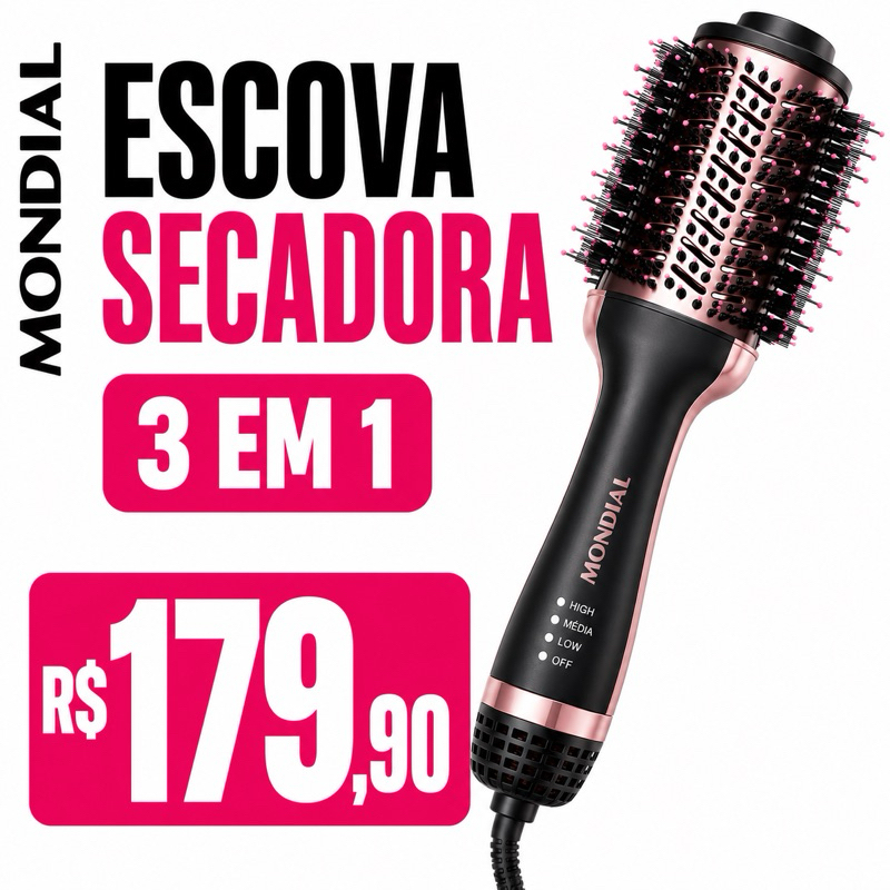 Escova Secadora Mondial 3 Em 1 Bivolt Seca Alisa Modela ES-01 Rose