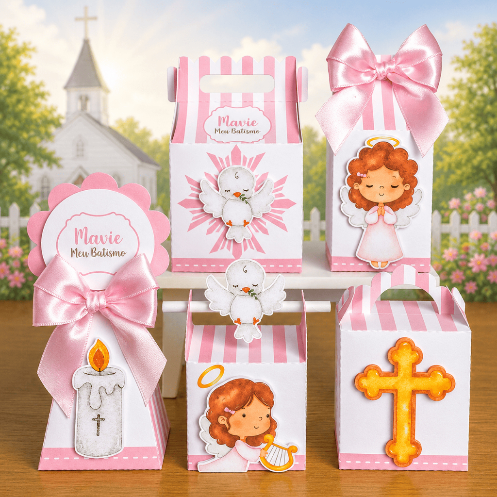 Kit Caixinhas Personalizadas Batizado Rosa | Pegue e Monte | Lembrancinha Aniversário e Festa Infantil