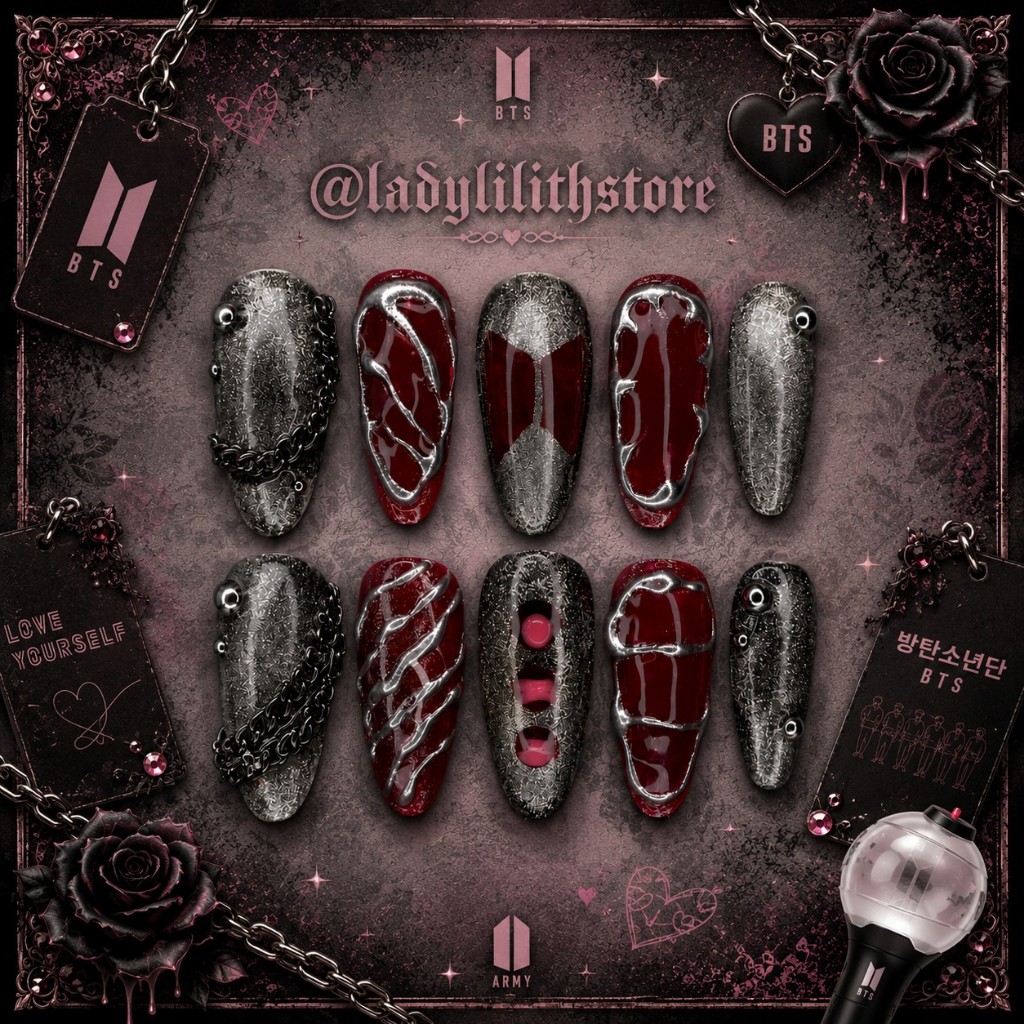 Unhas Postiças Decoradas BTS Preto Magnetico Kpoop + Adesivos