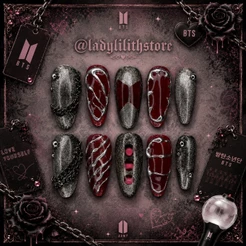 Unhas Postiças Decoradas BTS Preto Magnetico Kpoop + Adesivos