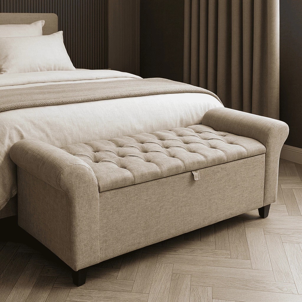 Baú Recamier Banqueta Paris 150cm Capitonê Divã Para Cama Queen Estofado Linho Estrutura Madeira