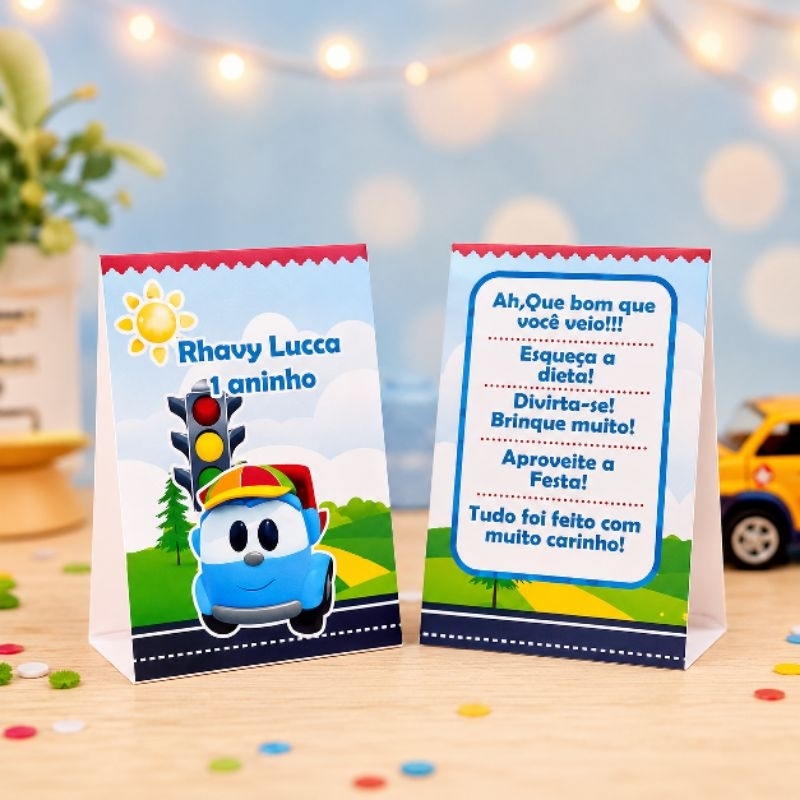 Detalhes do Kit Plaquinha de Agradecimento Léo o Caminhão - Centro de Mesa | Personalizados - Lembrancinha de Festa- Decoração