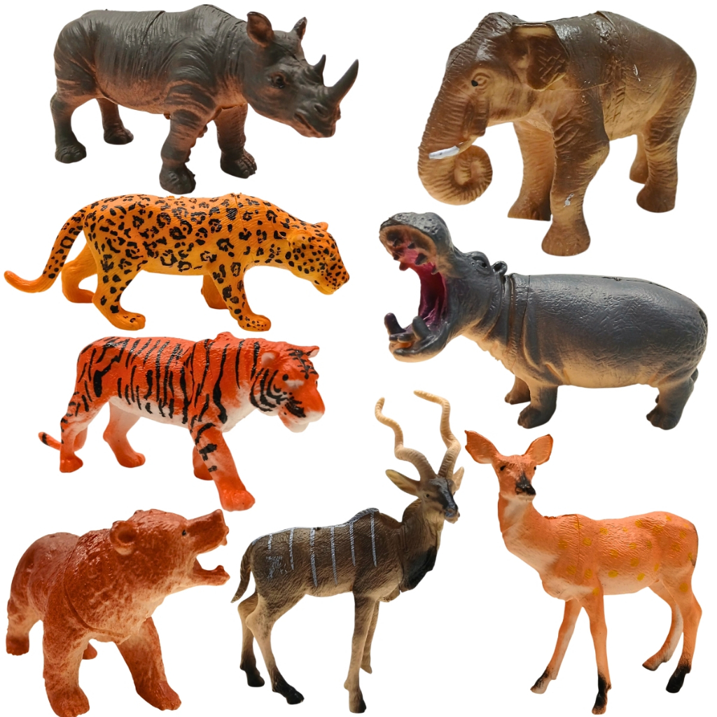 8 Animais Brinquedo Borracha Miniatura Selva Hipopótamo Rinoceronte Elefante Urso Presente Crianças