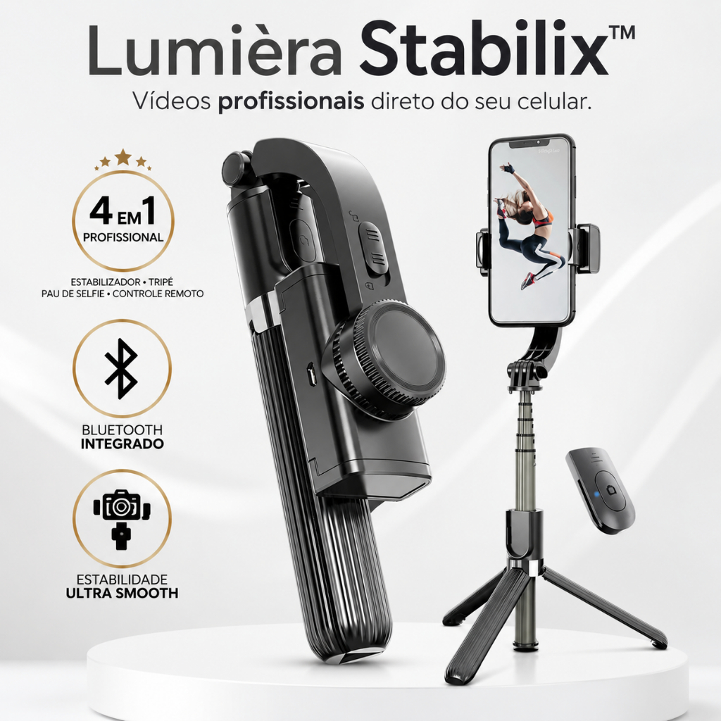Gimbal Estabilizador Celular Bluetooth Tripé Pau Selfie Controle Remoto Recarregável 86cm