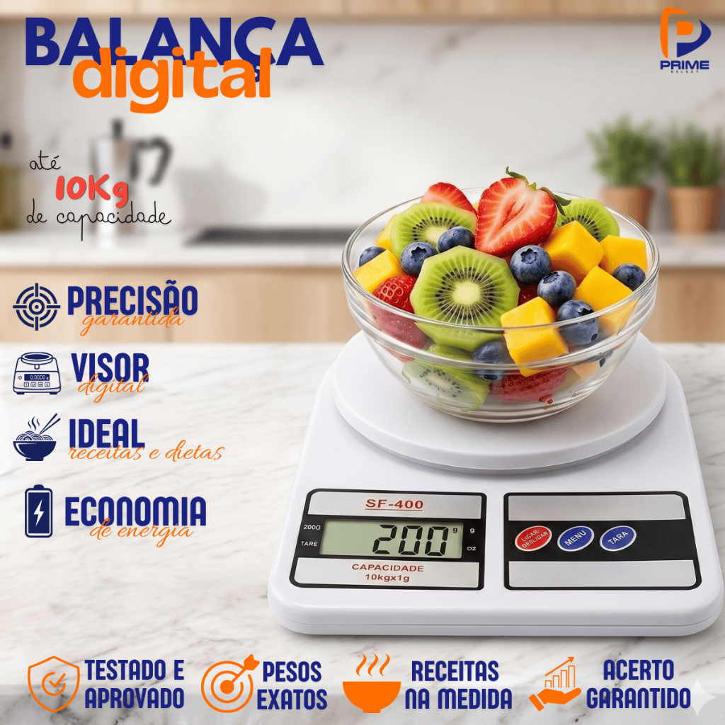 Balança Digital de Cozinha 10kg Alta Precisão Portátil Prática Visor LCD Dieta Receitas Confeitaria
