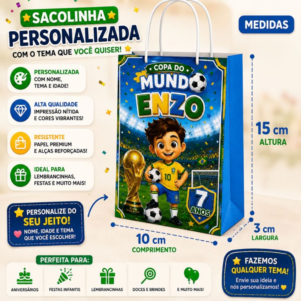 Sacolinha de lembrancinha P COPA DO MUNDO 2026 - personalizada QUALQUER TEMA | festa | Aniversário