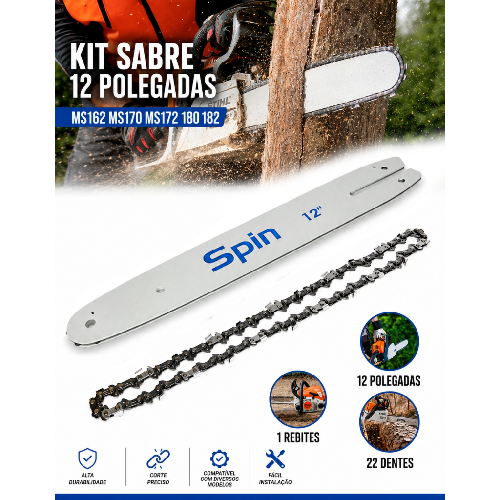 Sabre Saibro Barra Facão Espada 12 Polegadas 1.3mm + Corrente 22 Dentes 1.3mm Motosserras Stihl Ms 170 180 210 180c