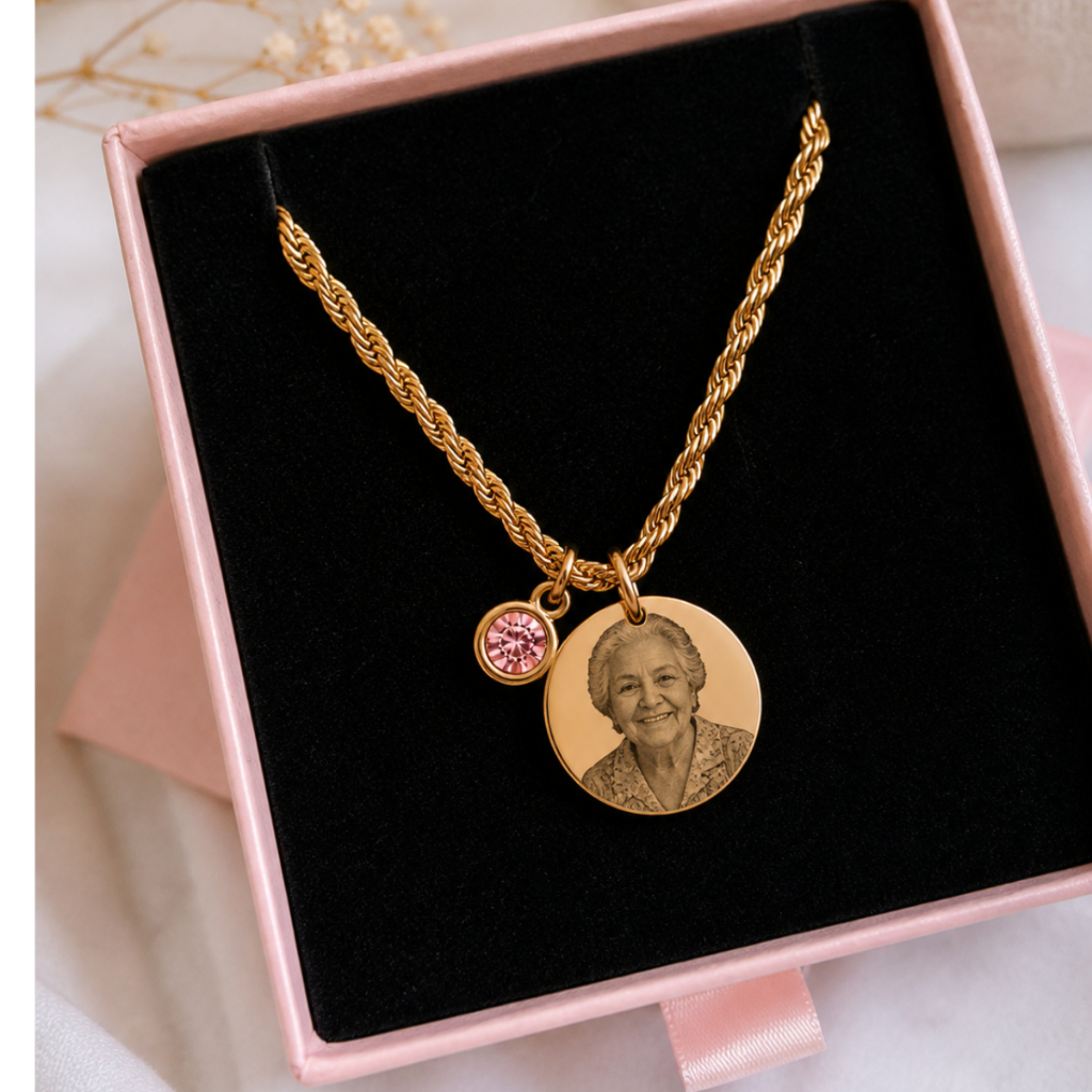 Colar Personalizado Foto Frase Banhado a Ouro com Pingente Pedra Colorida + Caixa Presente · foto 2