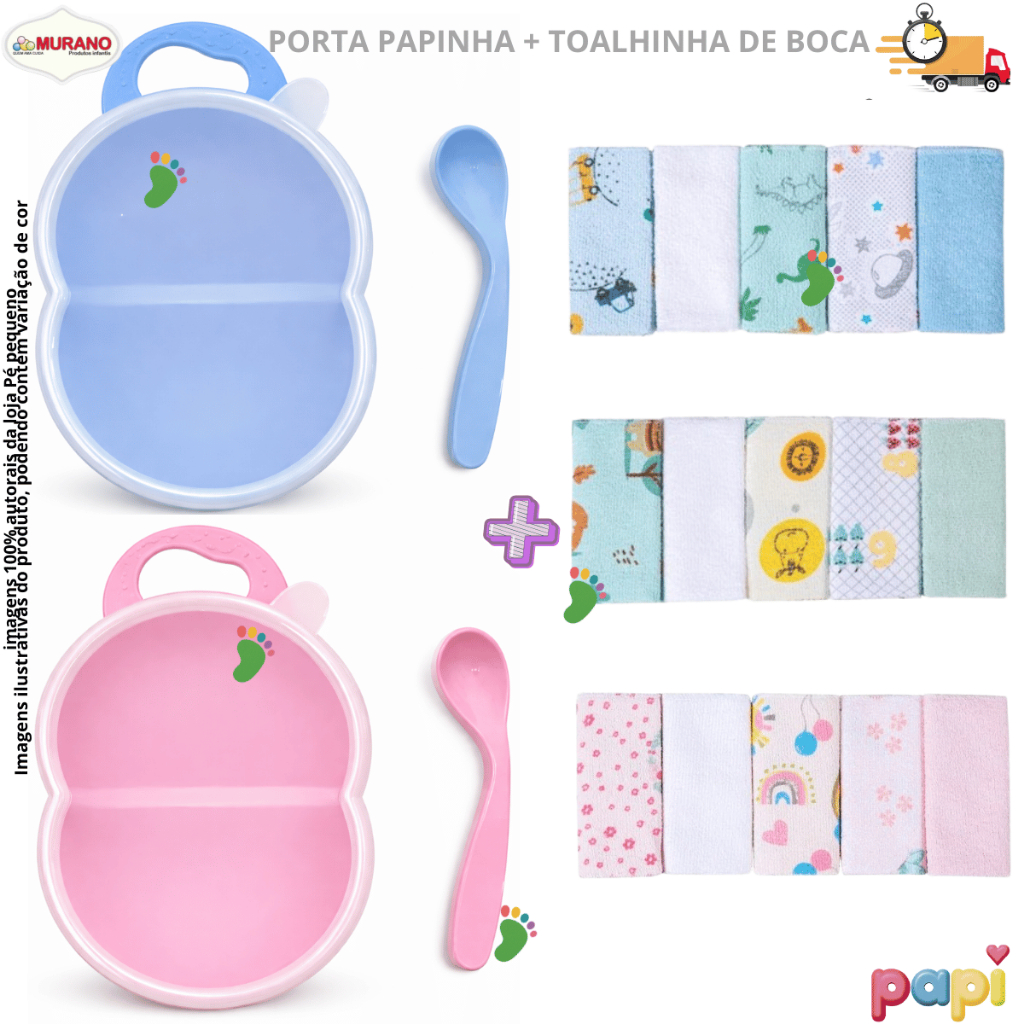 Kit Papinha Bebê Murano + Toalhinha de Boca 100% Algodão Papi Auxilia na introdução alimentar infantil