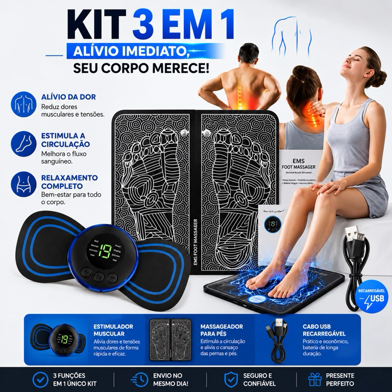 Kit Massageador Elétrico EMS para Pés e Coluna – Alívio Muscular e Relaxamento Profundo