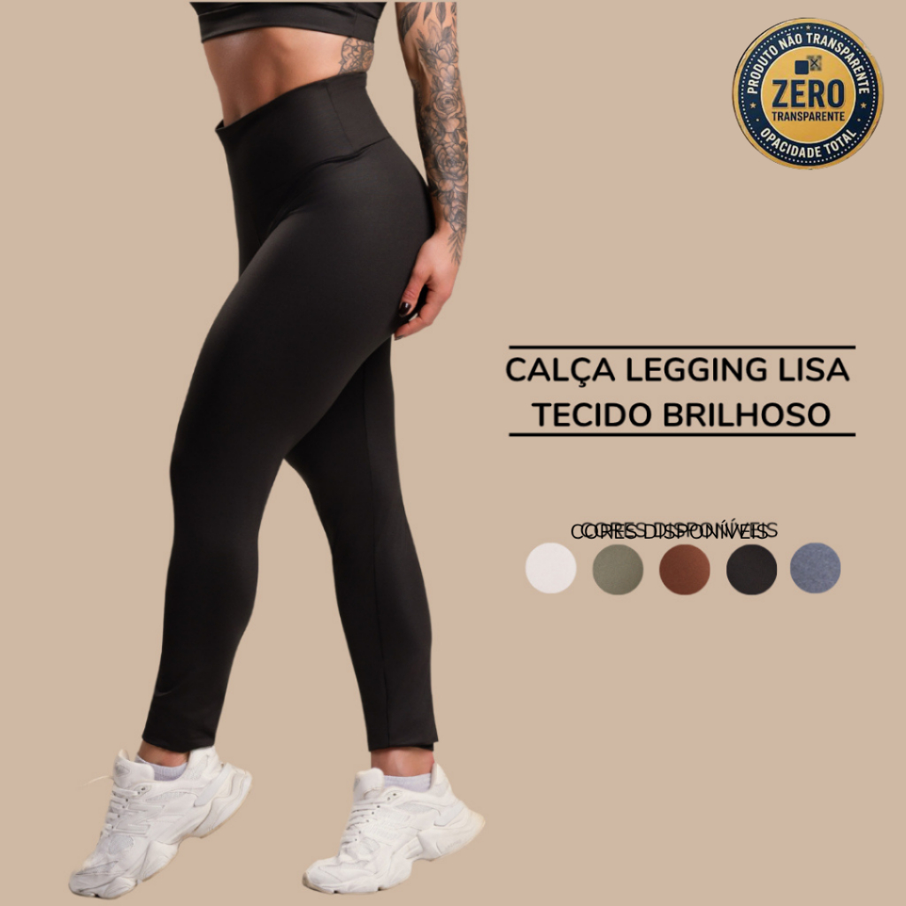 Calça Legging Lisa Cintura Alta Feminina Tecido Brilhoso Sem Transparência Academia Fitness Treino ZERO TRANSPARÊNCIA