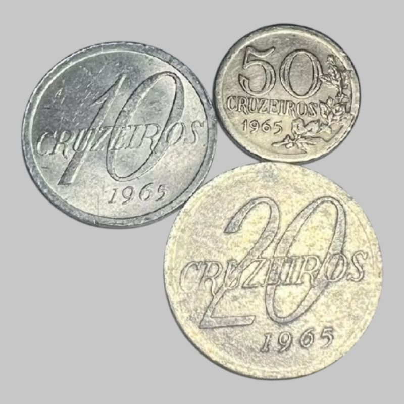 Lote 3 Moedas 1965 10 20 e 50 Cruzeiros Brasileiras Antigas Alumínio e Cuproníquel