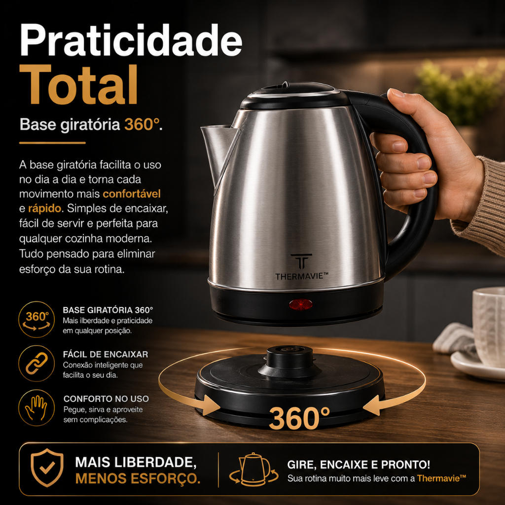 Chaleira Elétrica Inox 1,8L Thermavie™ 220V Base Giratória Desligamento Automático Aquecimento Rápido
