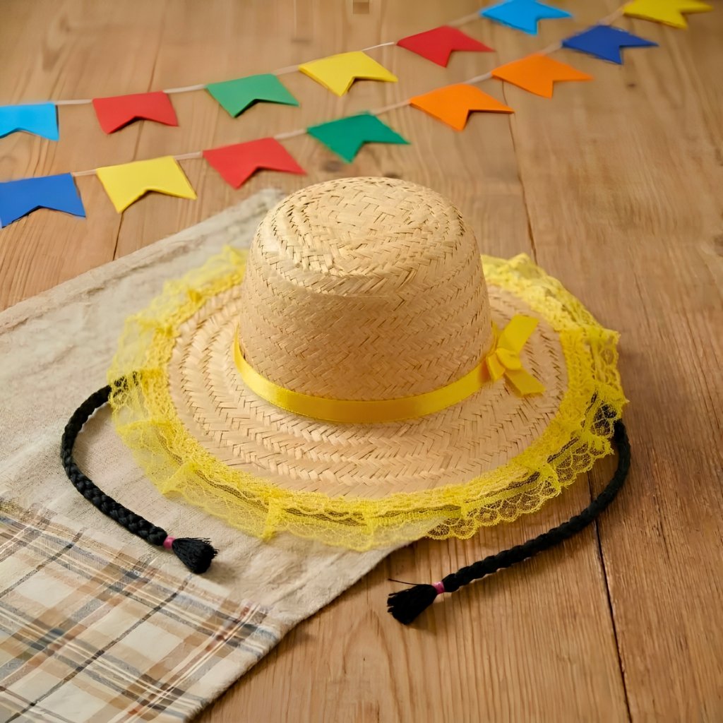 Chapeu de Palha Com Renda Feminino Trança Morena Festa Junina Cores Sortidas Arraiá São João