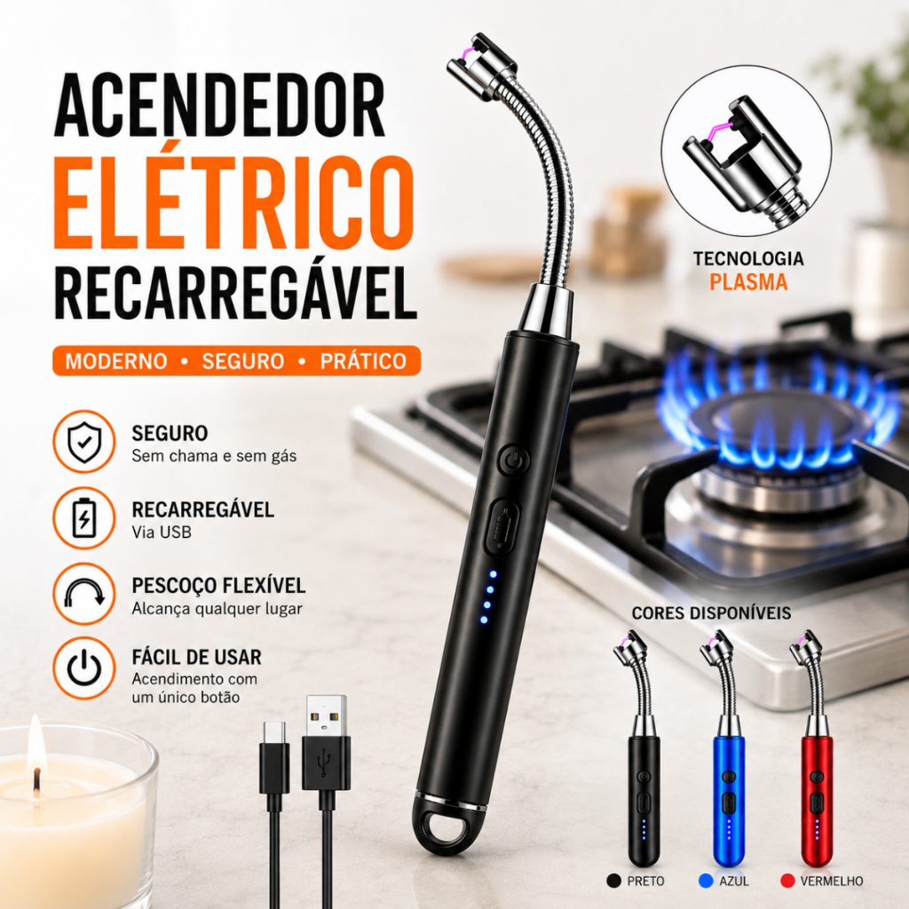 Acendedor Isqueiro Eletrico USB Recarregável Flexível Sem Gas Fogão Churrasqueira Vela Premium
