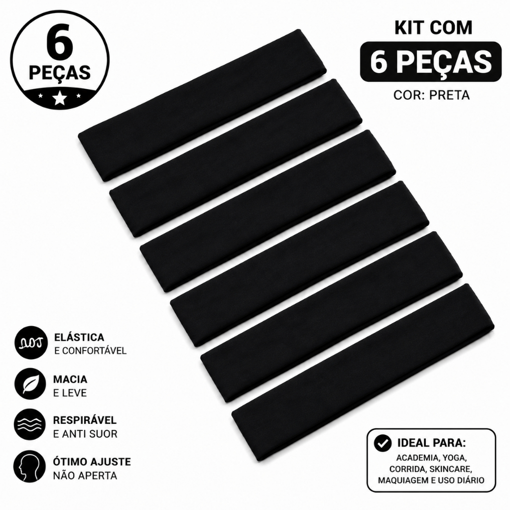 Kit 6 Faixas de Cabelo Elásticas Confortáveis Headband Feminina para Academia Esporte Yoga Corrida Lazer Passeio Moda
