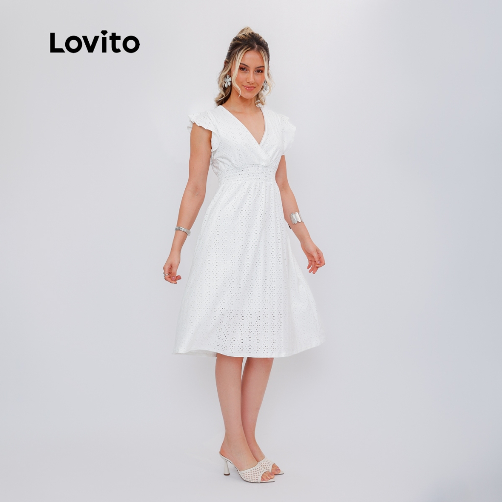Lovito Vestido Midi Feminino Com Decote V e Mangas Curtas de Babado DRB1431BRL1461