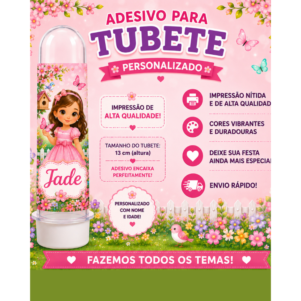 Adesivo para Tubete Personalizado Jardim Encantado | Lembrancinha aniversário / Todos os temas