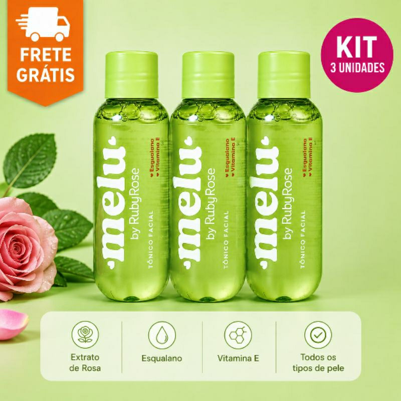 Kit 3 Unidades Tônico Facial Melu 100ml Ruby Rose - Pele Oleosa Controle de Cravos e Espinhas, Pele Limpa e Hidratada