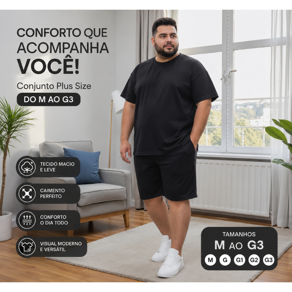 Conjunto Plus Size Masculino Camiseta e Bermuda Esportiva Leve Confortável M ao G3
