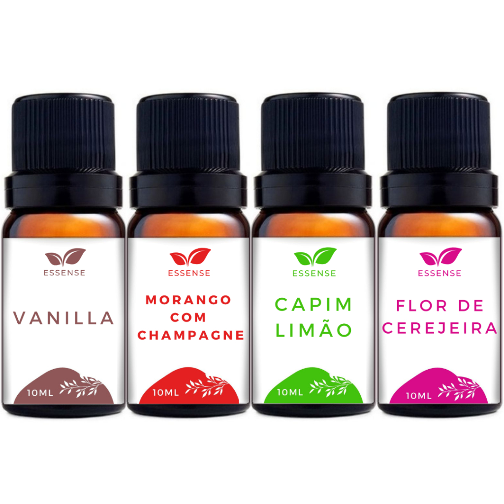 4 Essências Vanilla Capim Limão Morango com Champagne e Flor de Cerejeira 10ml Aromatizador Difusor