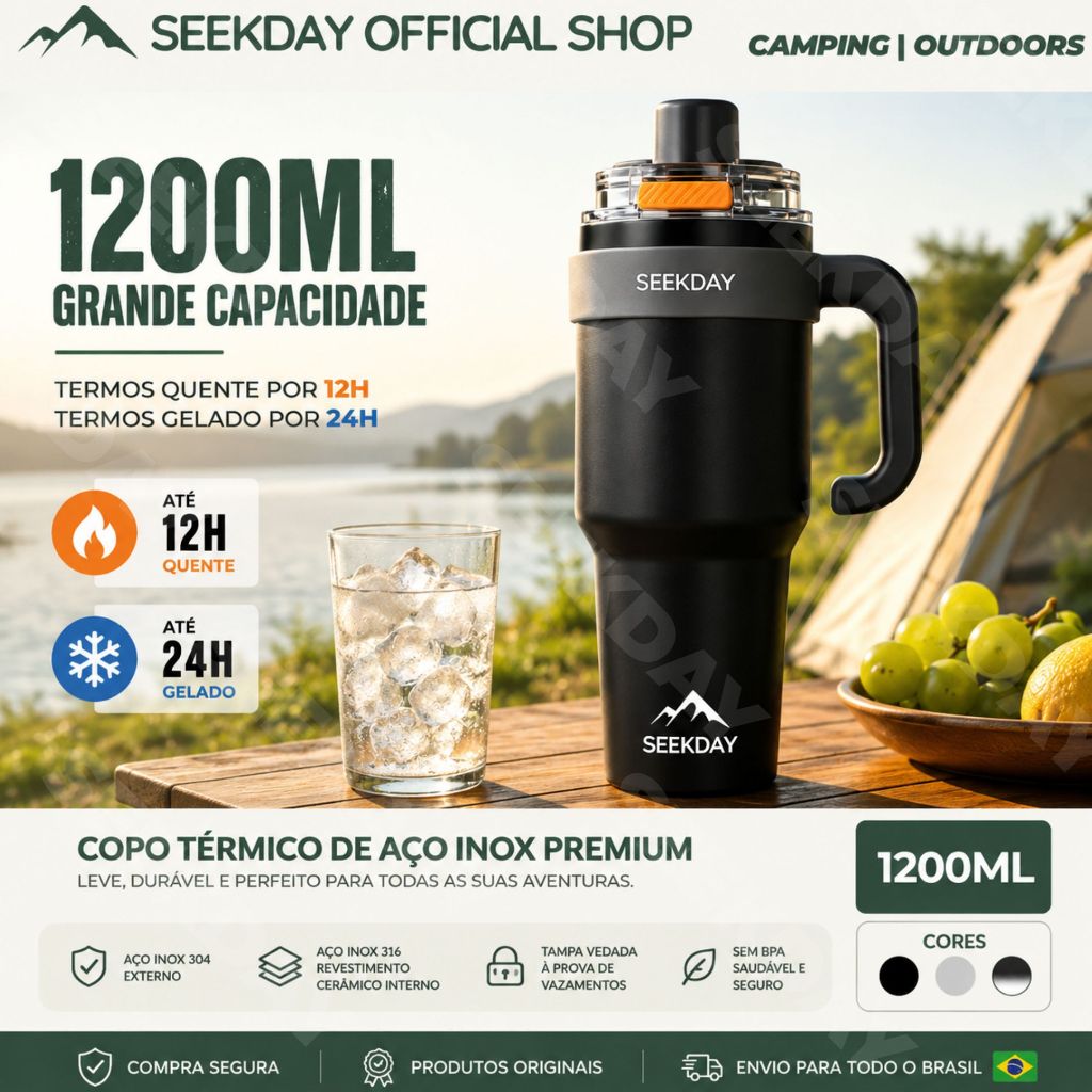 Seekday Copo Termico 1200ml Garrafa Termica Cafe Agua Canudo Alca Interior Ceramico Inox 316