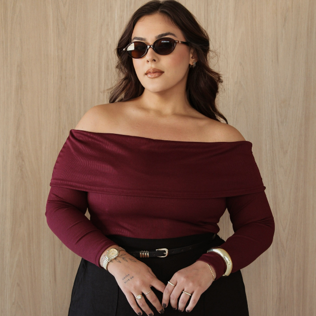 Blusa Plus Size Feminina De Frio Inverno Burgundy Manga Longa Elegante Premium Tecido Canelado Confortável Dia a Dia