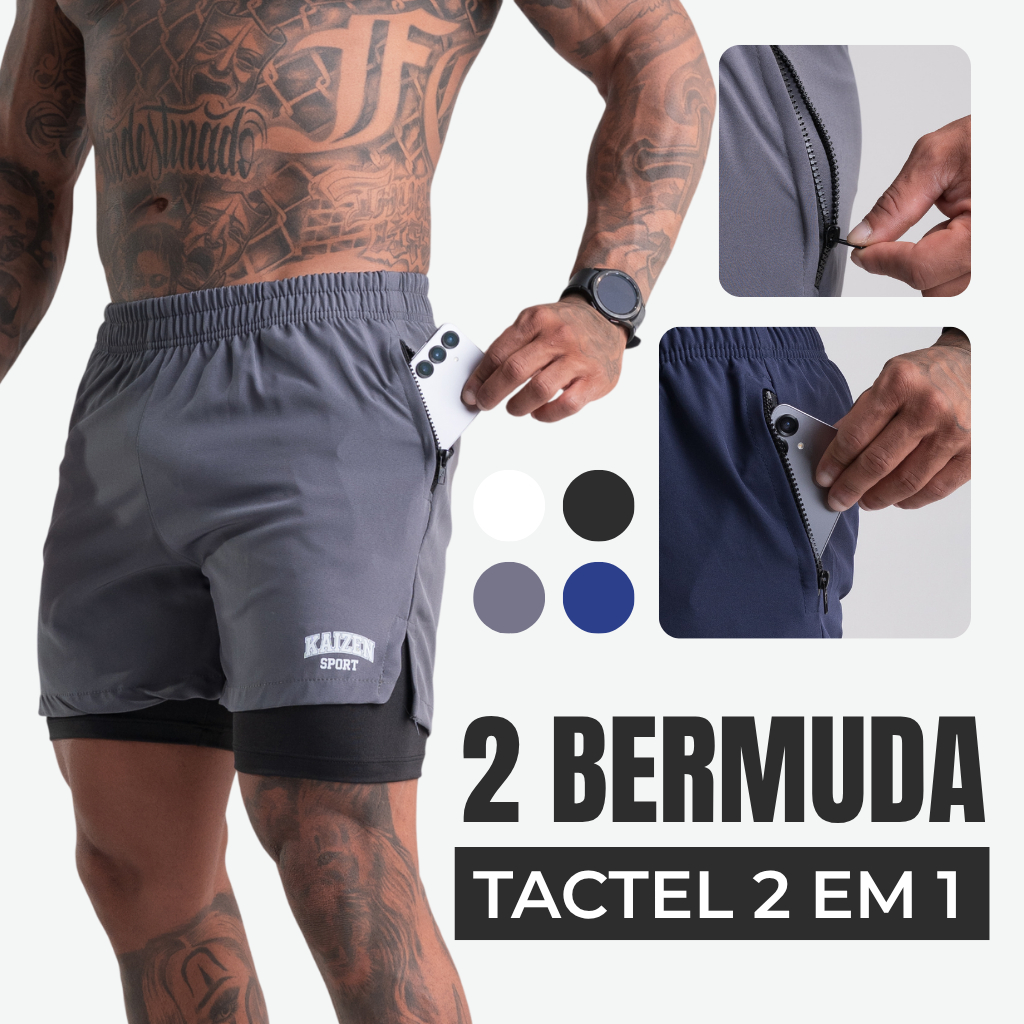 Kit 2 bermuda tactel 2 em 1 com ziper shorts com compressão para academia corrida e ciclismo