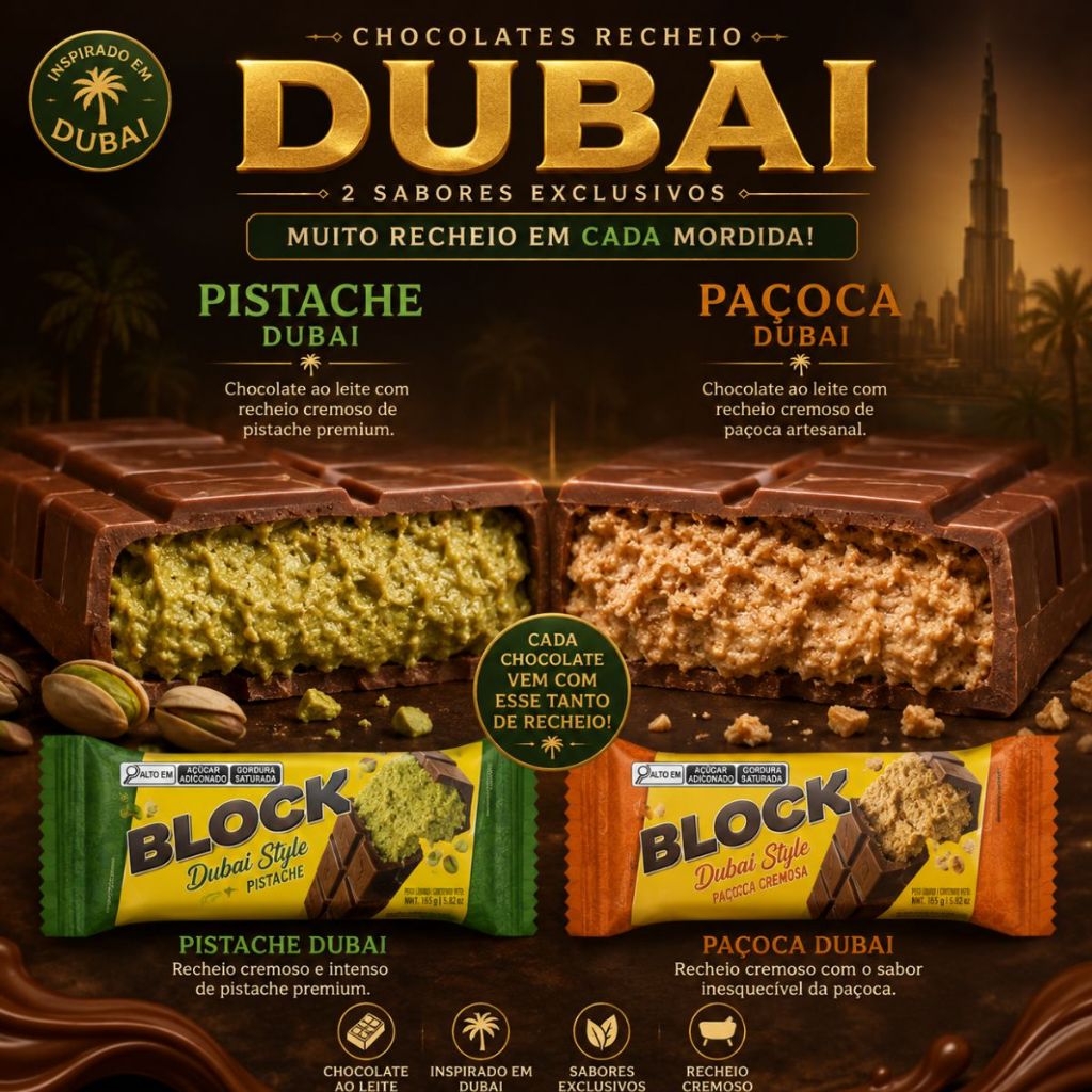KIT 1 Chocolate Pistache Dubai Style + 1 Chocolate paçoca Dubai Style 165g Arcor