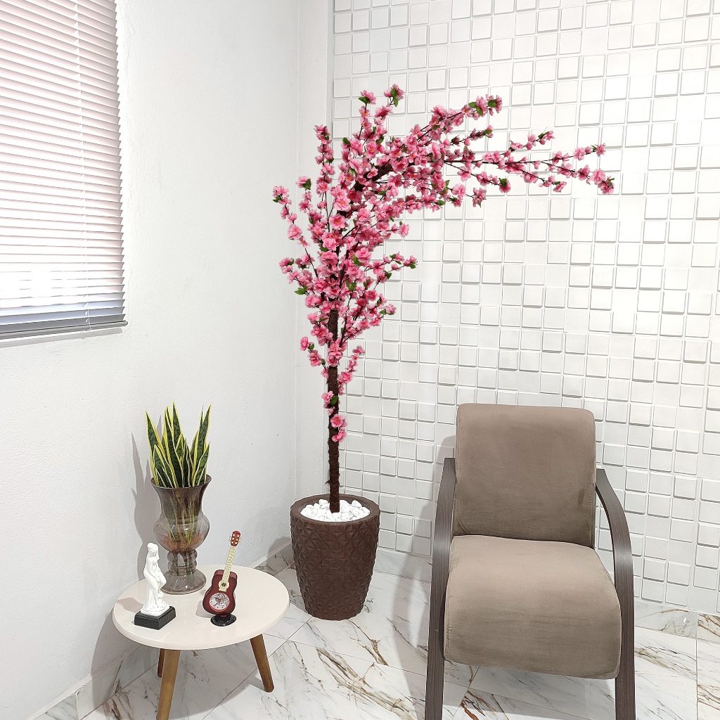Planta Artificial Cerejeira Curva Rosa 180cm Galho Curvado Vaso Pedra · foto 2