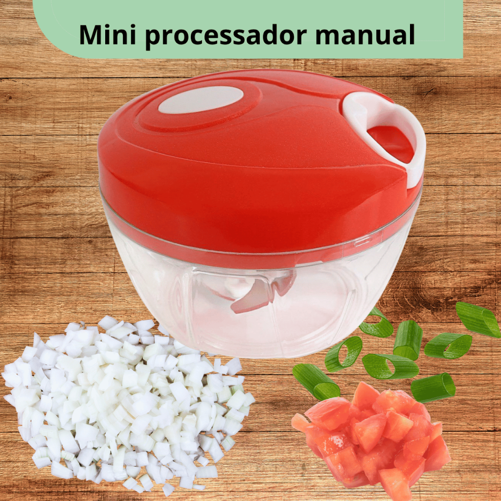 Mini Processador Triturador Manual de Alimentos a Corda 3 lâminas inox Fácil de usar limpar Vermelho