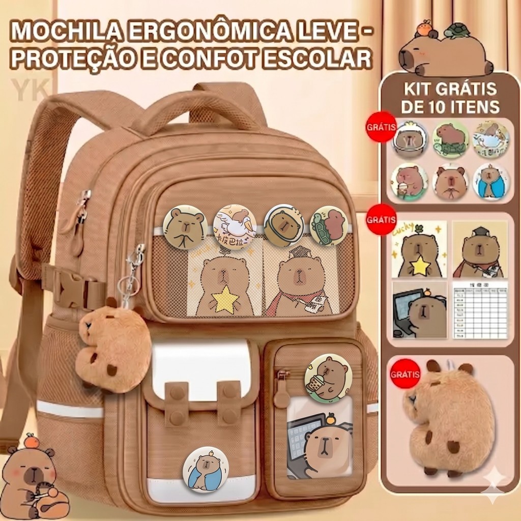 Mochila de capybara com estampa de desenho animado - Grande capacidade, leve e durável com vários bolsos, alças ajustáve