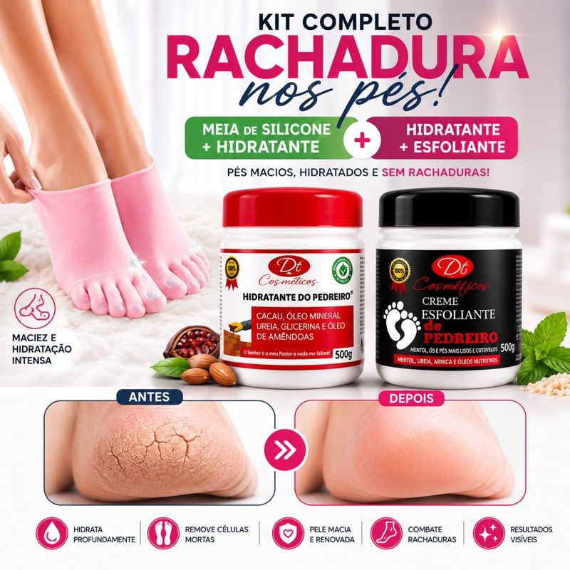 Kit Completo Pé de Pedreiro Hidratante Esfoliante e Meia de Silicone Spa dos Pés