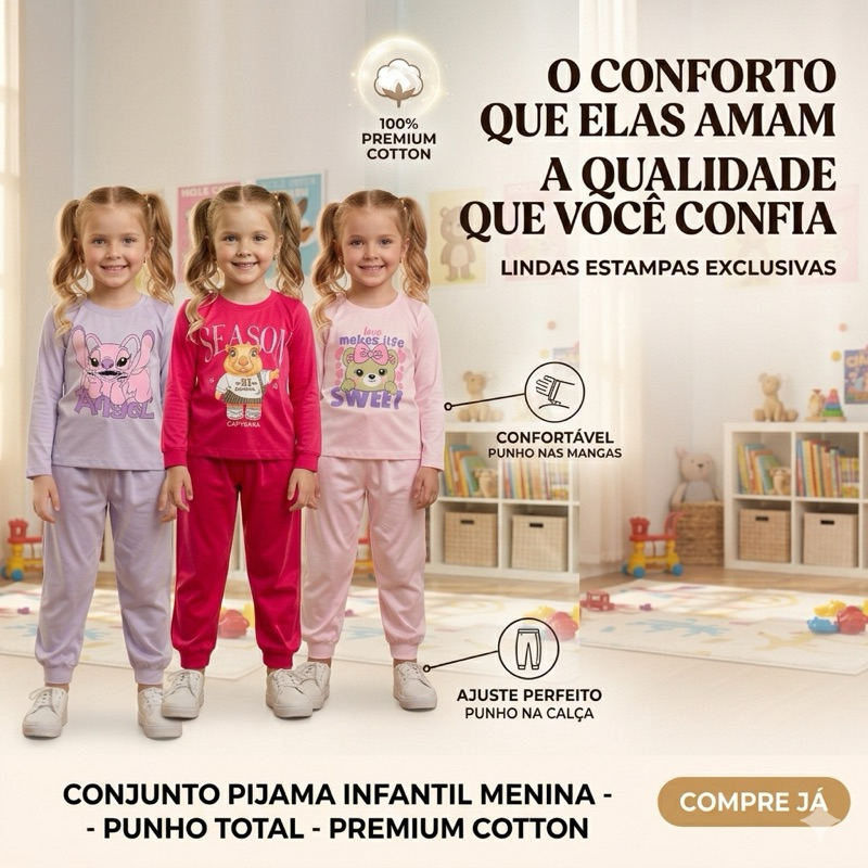 Conjunto Pijama Infantil Menina Manga Longa 100% Algodão 30.1 Meia Estação