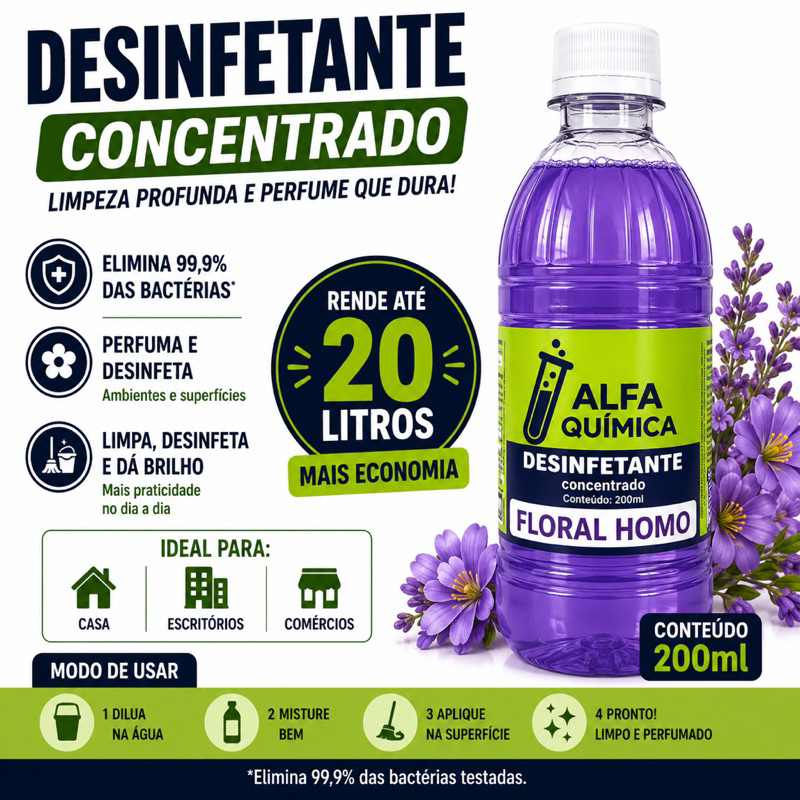 DESINFETANTE CONCENTRADO FLORAL HOMO 200ML - RENDE 20 LITROS