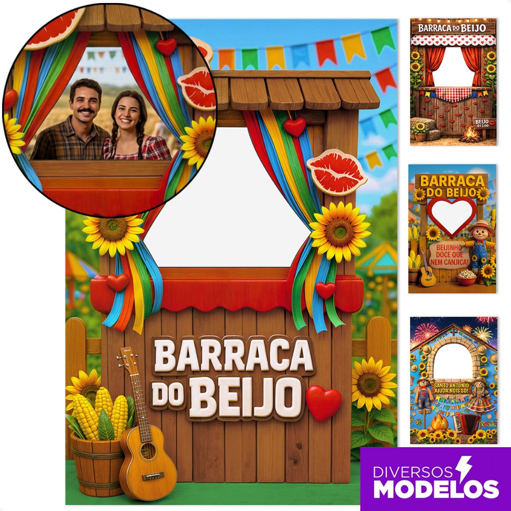 Painel Retangular Lateral Decoração Festa Junina Barraca do Beijo Interativo Vazado Sublimado Tecido 1,50x2,20m