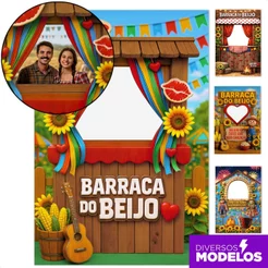 Painel Festa Junina Barraca do Beijo Retangular Interativo Vazado para Foto Sublimado Tecido 1,5x2,2